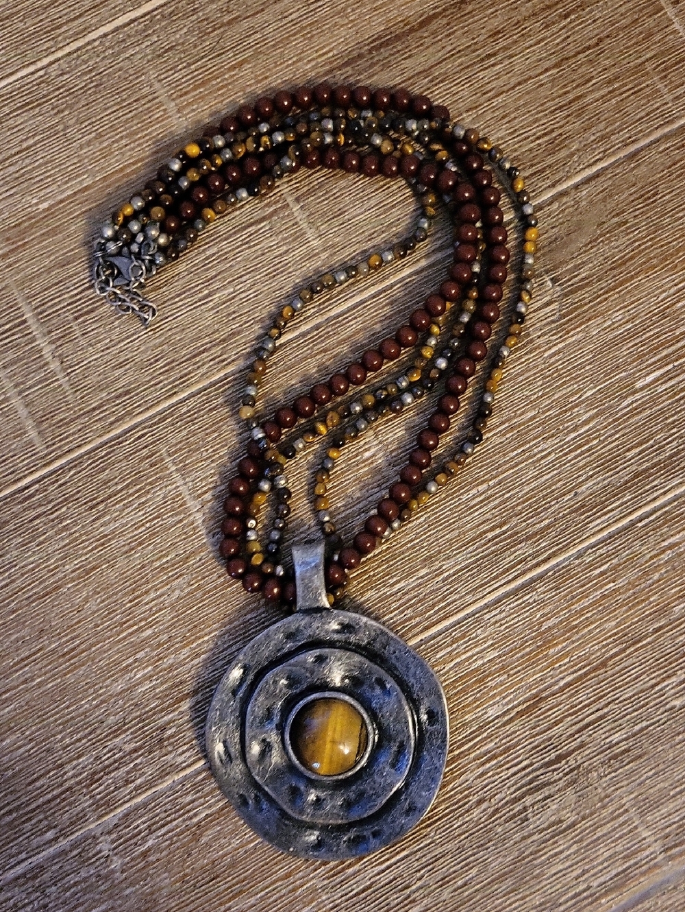 Premier Designs Tiger's Eye Medallion Triple Strand Bead Boutique Necklace